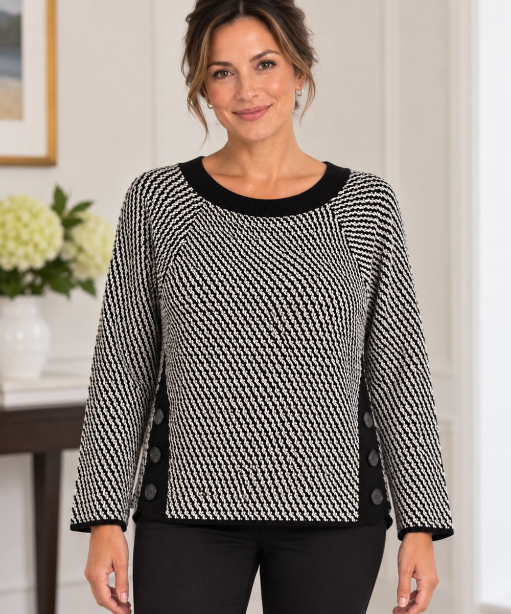 LOFT L Black White Textured Knit Sweater Side Button High Low Hem Pullover Scoop